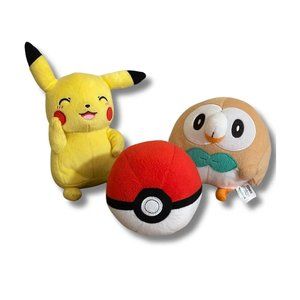 Rowlet, Pikachu, Poké Ball Lot of 3 Tomy Pokemon Plushie Stuffed Animals Lot